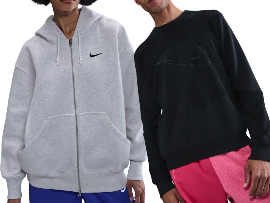 two people wearing nike sweatshirts