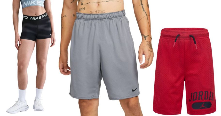 two people wearing nike shorts and red nike jordan shorts