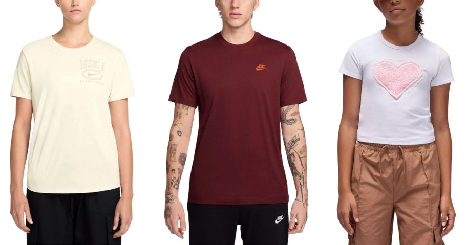 three people wearing nike tees