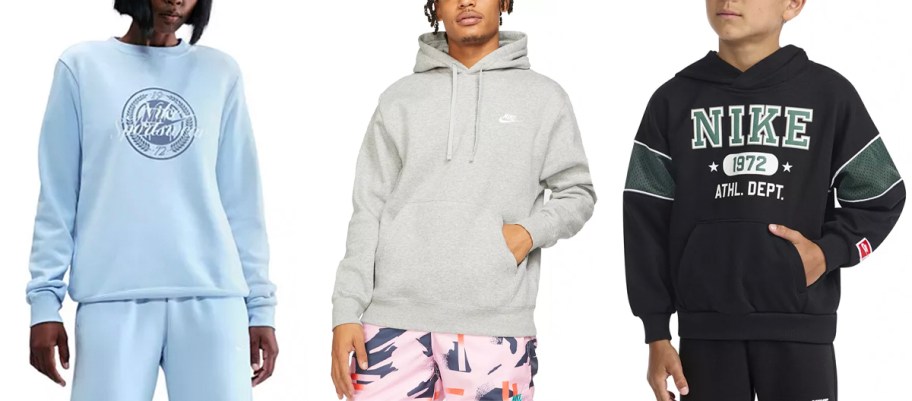 people wearing blue, gray, and black nike hoodies 