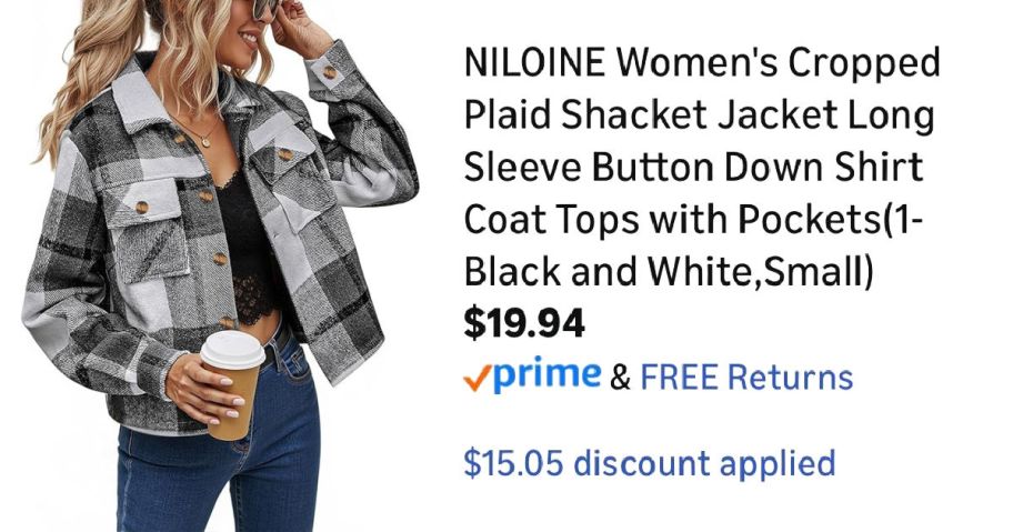 woman wearing plaid shacket next to Amazon pricing information