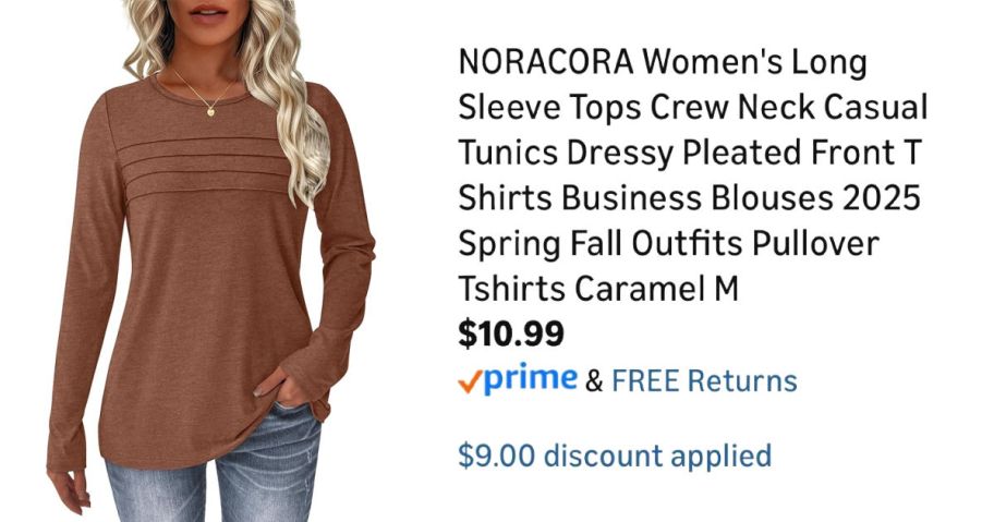 woman wearing rust colored shirt next to Amazon pricing information