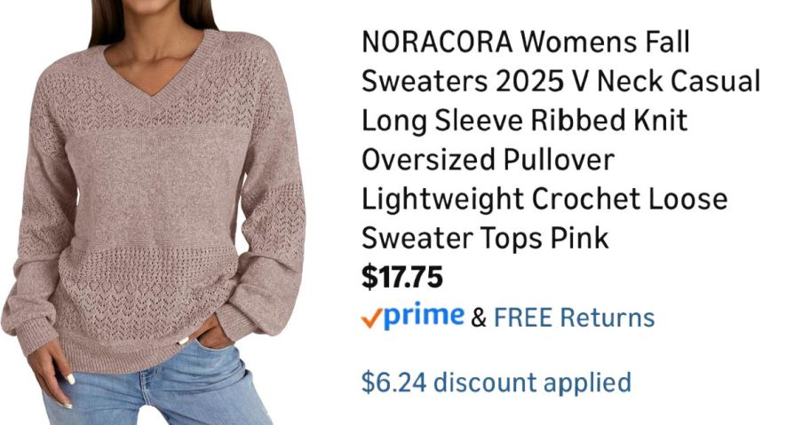 woman wearing sweater next to Amazon pricing information