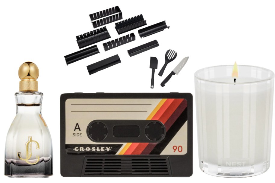 perfume, cassette tape, sushi kit