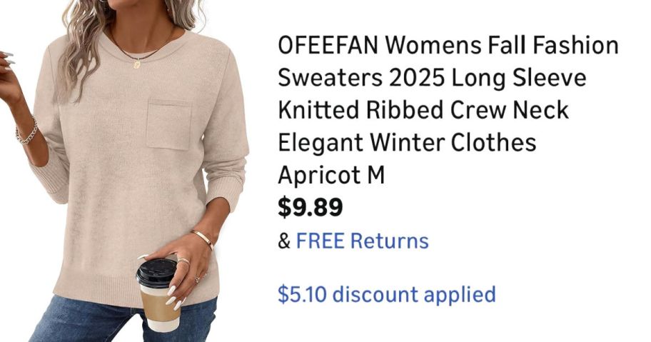 woman wearing tan sweater next to Amazon pricing information