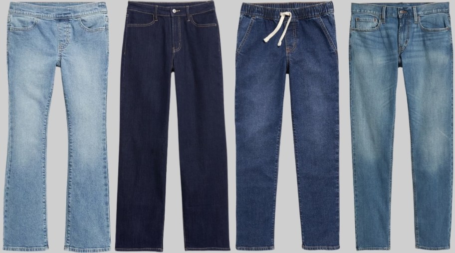 kids and adult jeans in 4 different styles