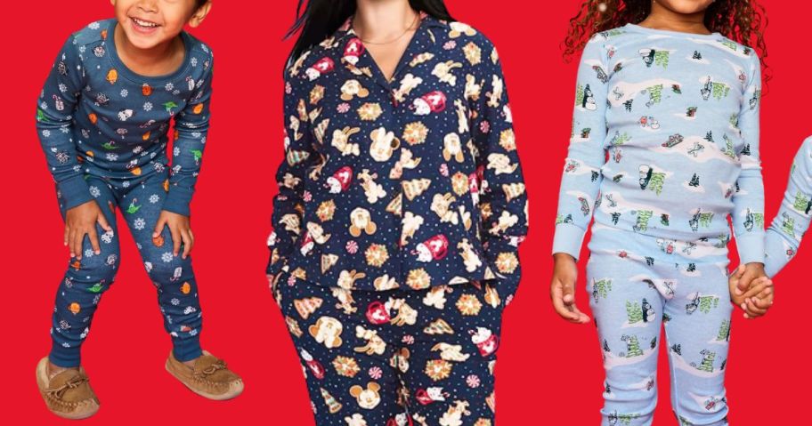 three people wearing old navy disney pajamas