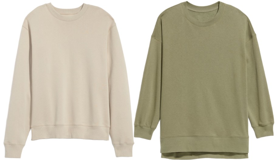 Two solid-colored crewneck sweatshirts side-by-side: a light beige sweatshirt and an olive green sweatshirt.