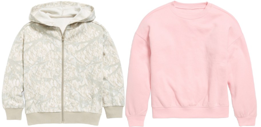 Two sweatshirts side-by-side: a light beige and grey patterned zip-up hoodie and a solid light pink crewneck sweatshirt.
