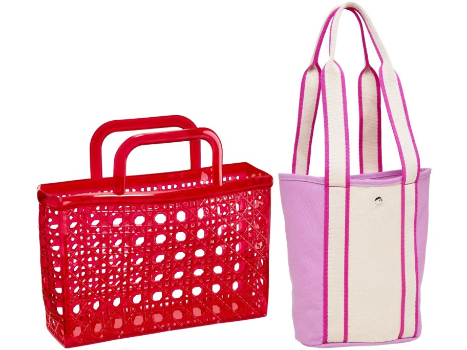 Two vibrant bags side by side: a red, rectangular plastic mesh bag with handles and a pink canvas tote with white and pink striped straps.