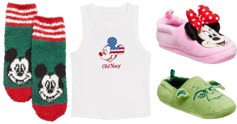 old navy disney socks, top, and slippers