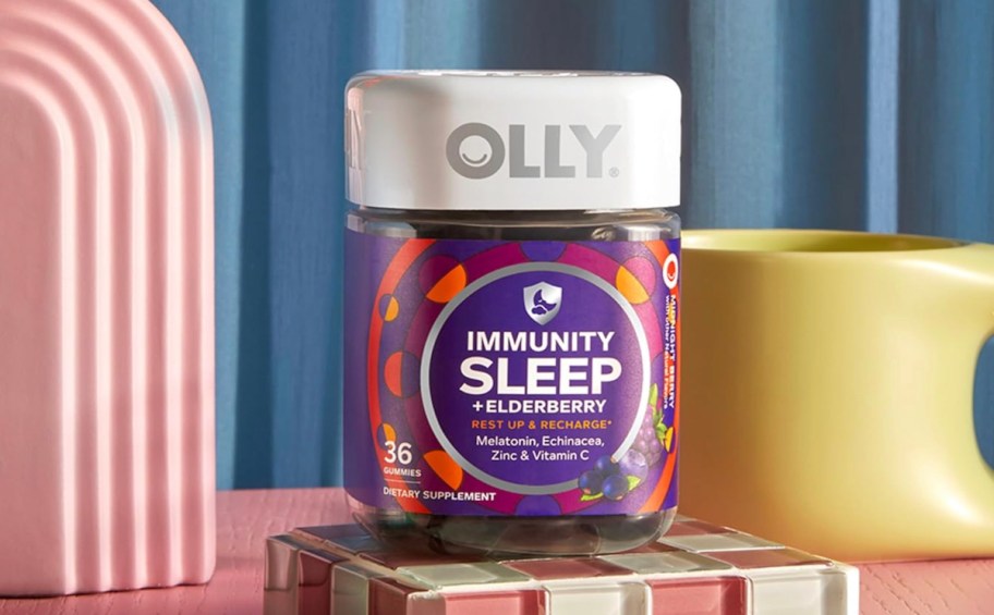 jar of olly immunity sleep melatonin gummies on decorative display