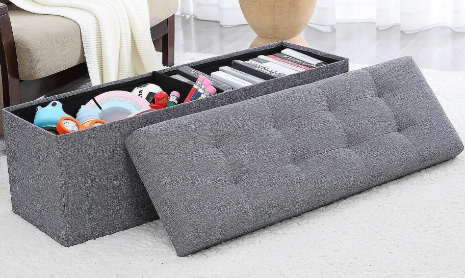 gray ottoman bench with top off 