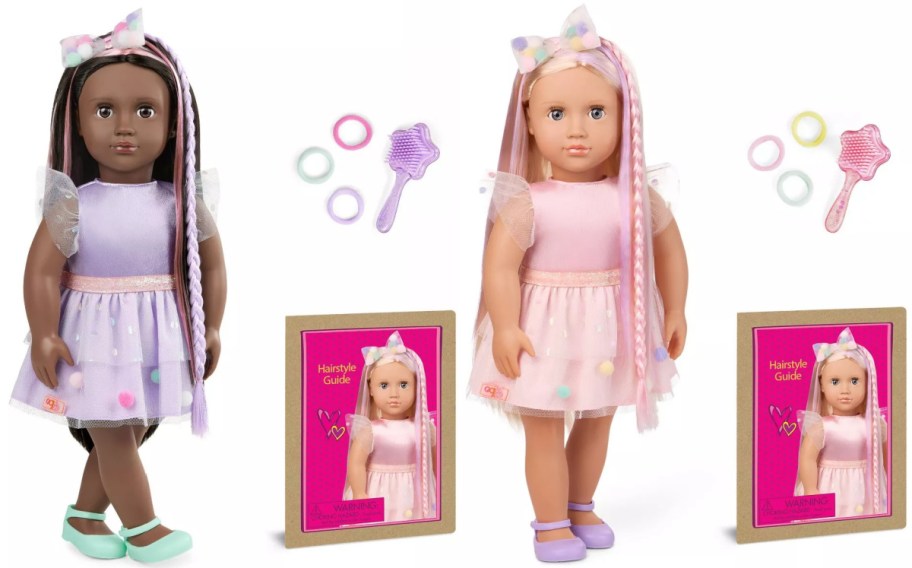 Two dolls with long hair, wearing pastel dresses with polka dots. Accessories include a comb, hairbands, and a hairstyle guide.