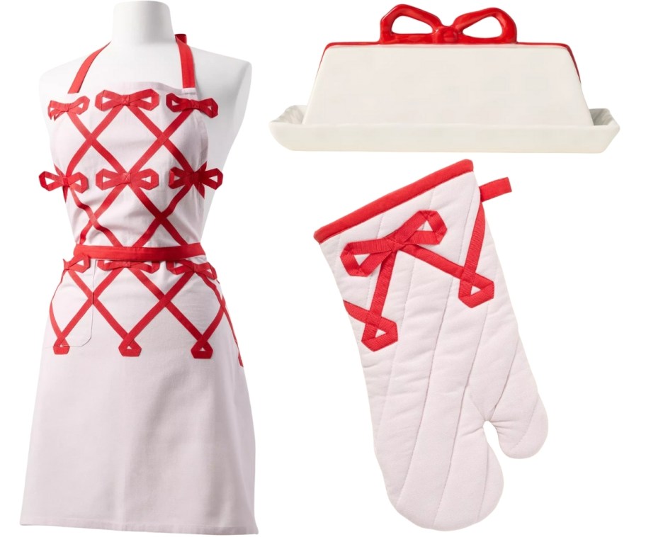 red and white bow napron, oven mitt and butter dish