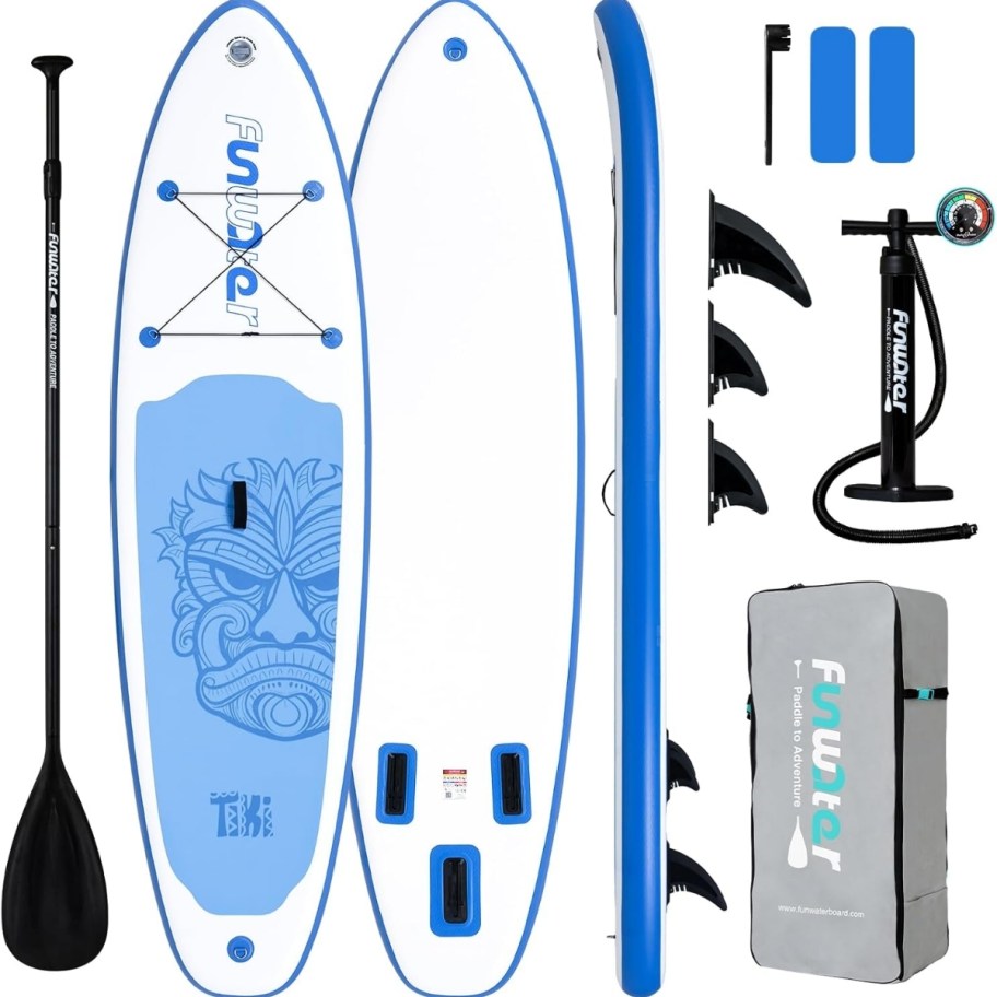 blue and white paddle board and accessories