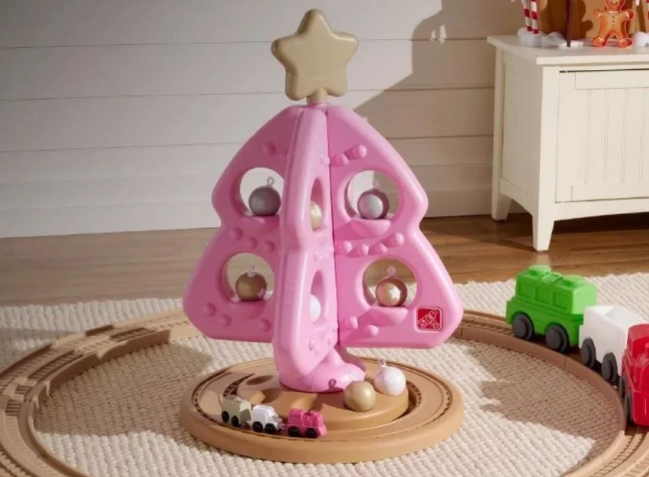 pink Step2 My First Christmas Tree in play room