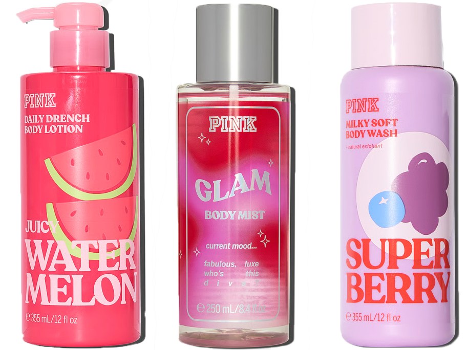 pink lotion, mist and body wash 