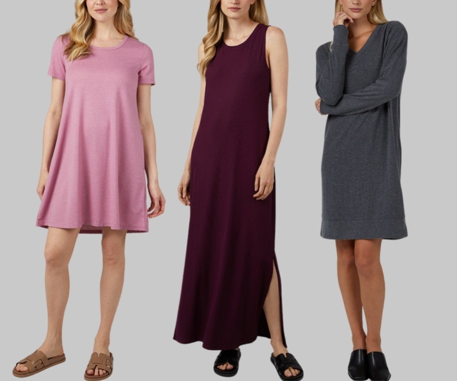 3 women wearing various styles of casual dresses