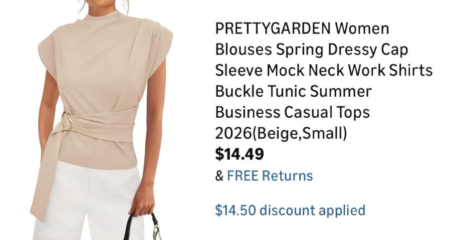 woman wearing belted tunic next to Amazon pricing information