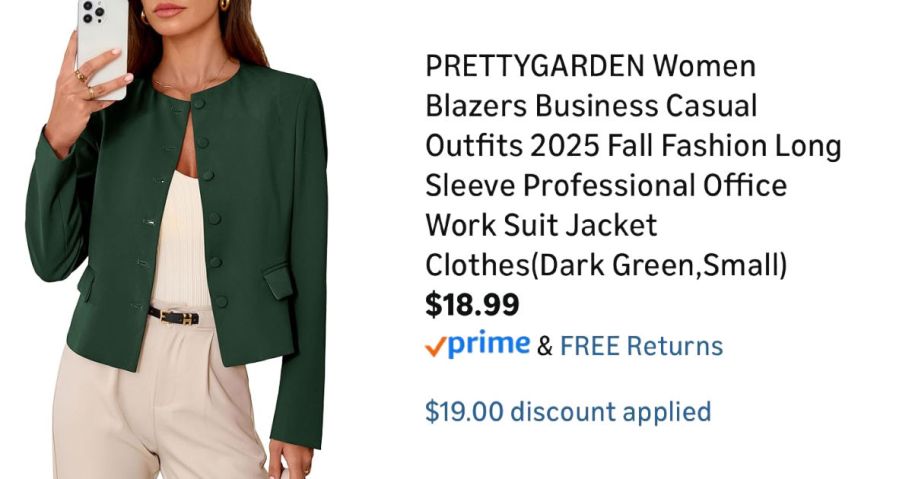 woman wearing green blazer next to Amazon pricing information