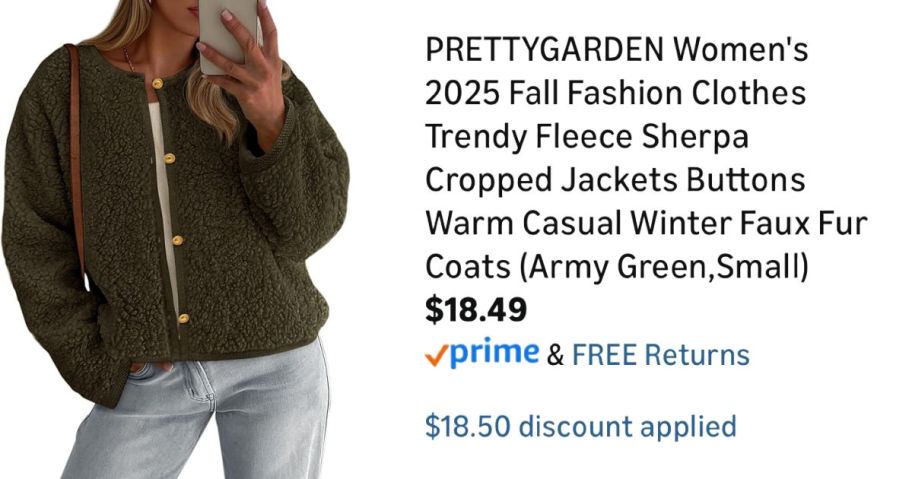 woman wearing green cardigan next to Amazon pricing information