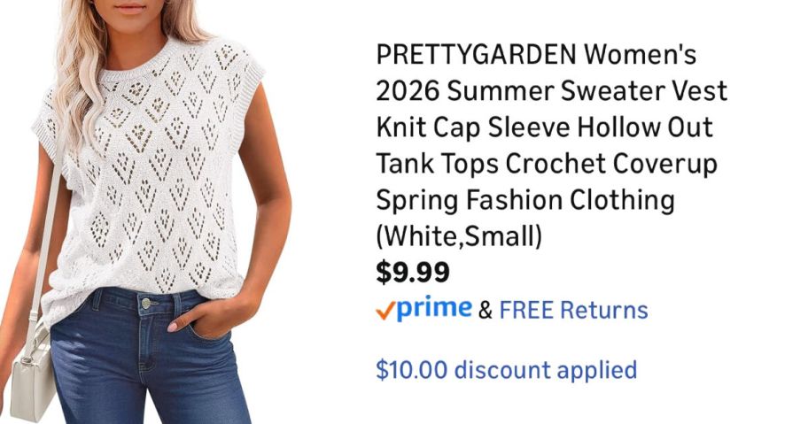 woman wearing sleeveless white sweater next to Amazon pricing information
