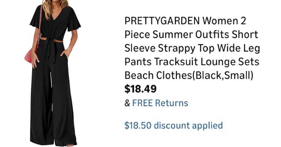 woman wearing black outfit next to Amazon pricing information