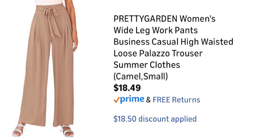 woman wearing khaki pants next to Amazon pricing information