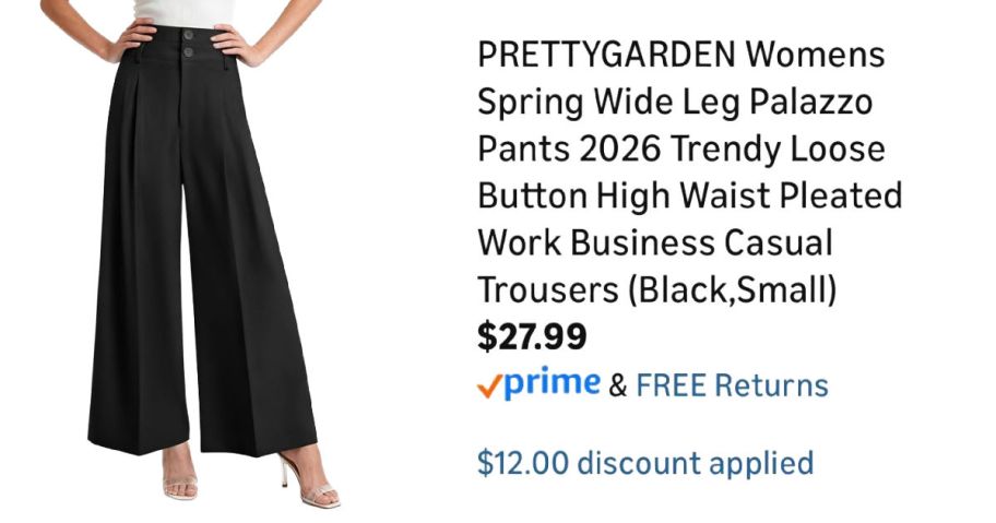 woman wearing black pants next to Amazon pricing information