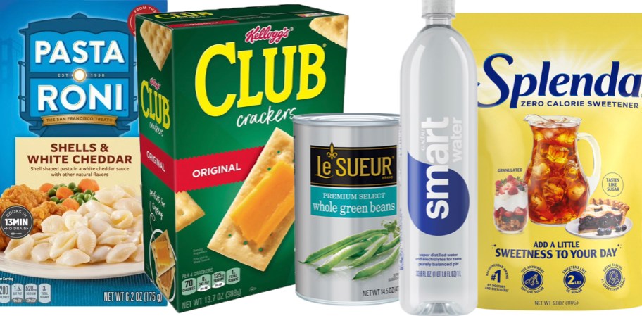 pasta roni, kelloggs club, canned vegetables, smart water, and splenda