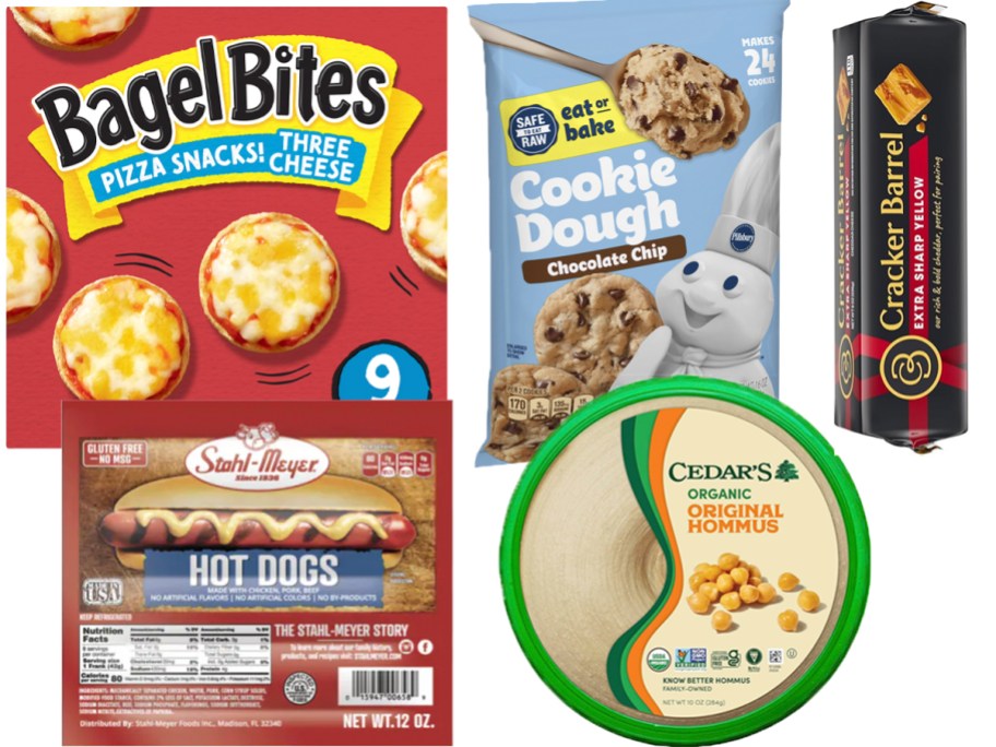 bagel bites, cookie dough, cracker barrel cheese, hot dogs, and hummus