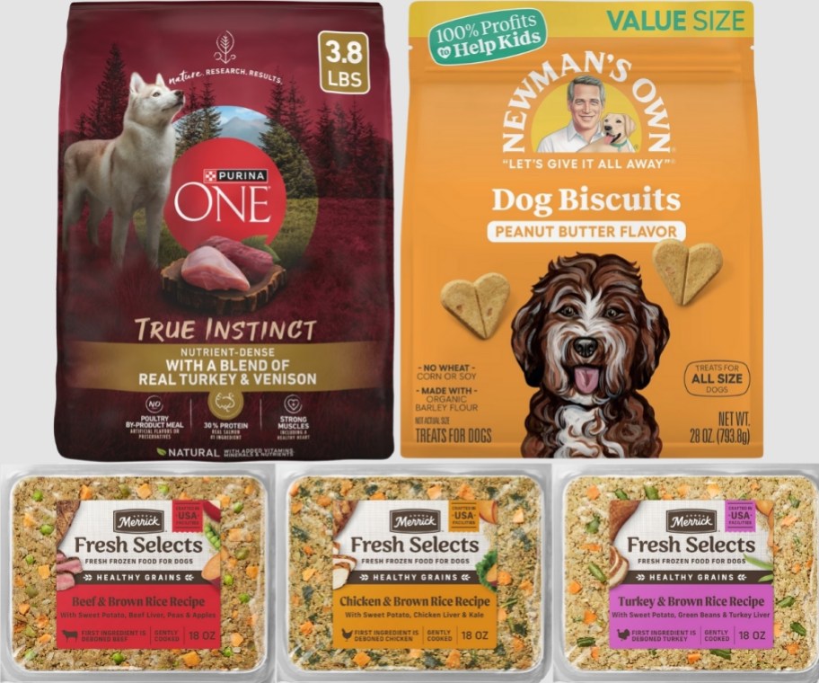 a bag of dry dog food, bag of treats and 3 packs of fresh dog food