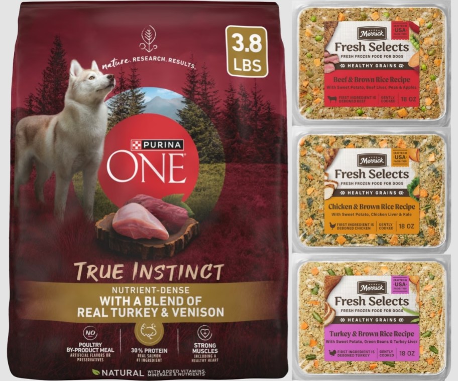 a bag of dry dog food, and 3 packs of fresh dog food