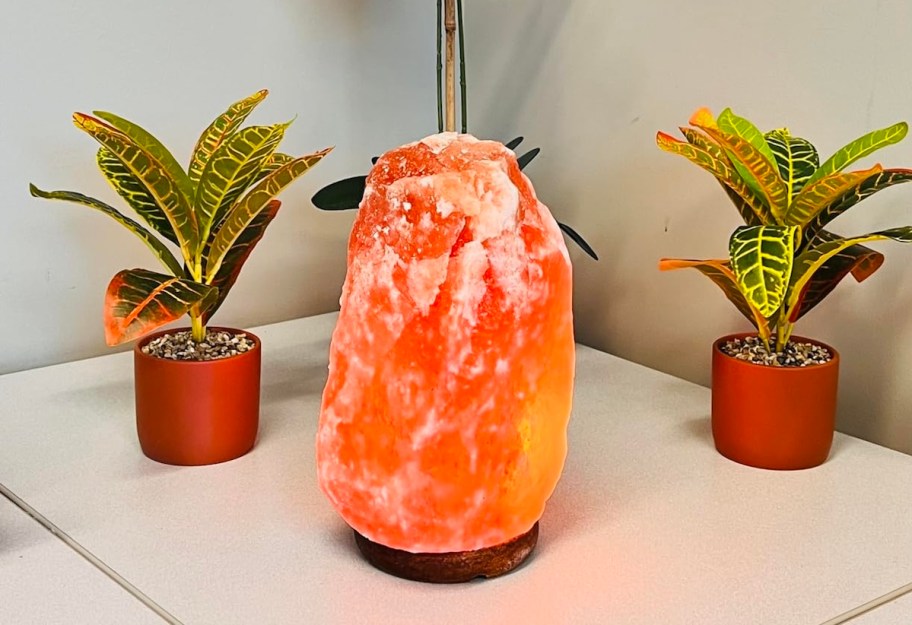 salt lamp on white desk with two plants