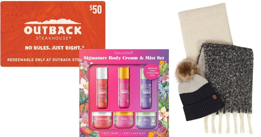 outback steakhouse gift card, beauty set, and scarf set