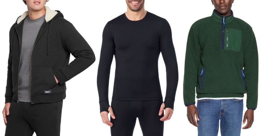 three men wearing a hoodie, long-sleeve top, and pullover