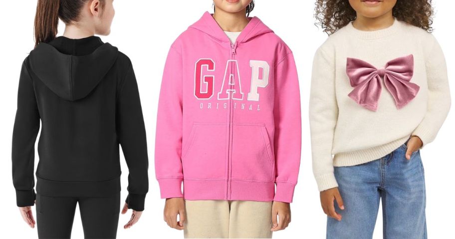 three kids wearing a hoodie, sweatshirt, and sweater