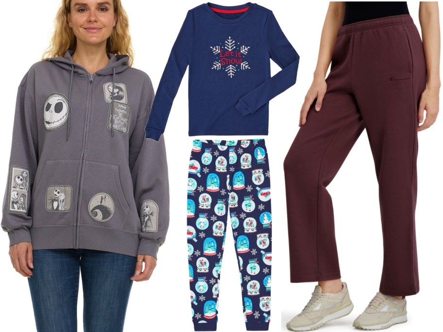 A woman wearing a hoodie, a kids pajama set and legs wearing maroon pants.