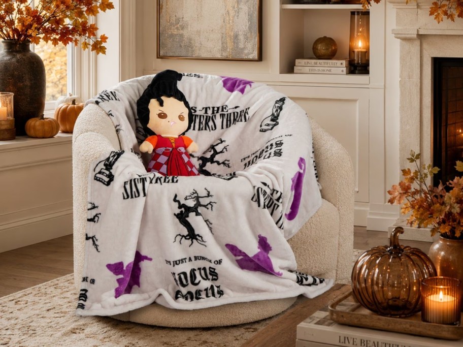 Hocus Pocus character pillow and blanket on chair