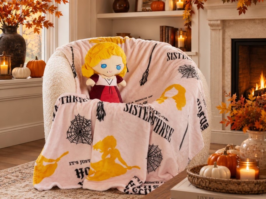 Hocus Pocus character pillow and blanket on chair
