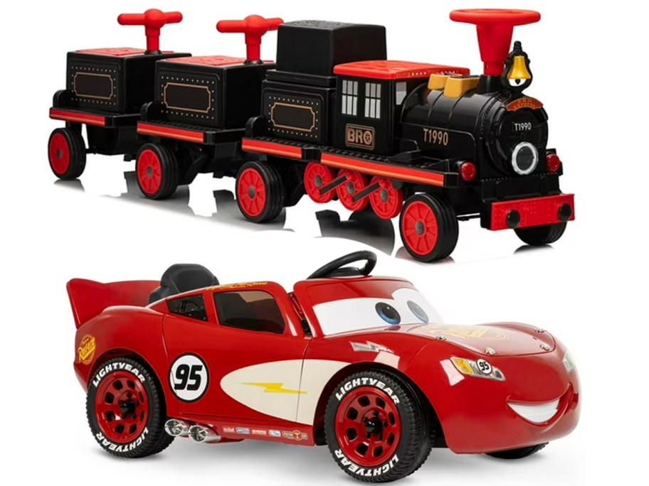 black and red train and lightning mcqueen ride on toys