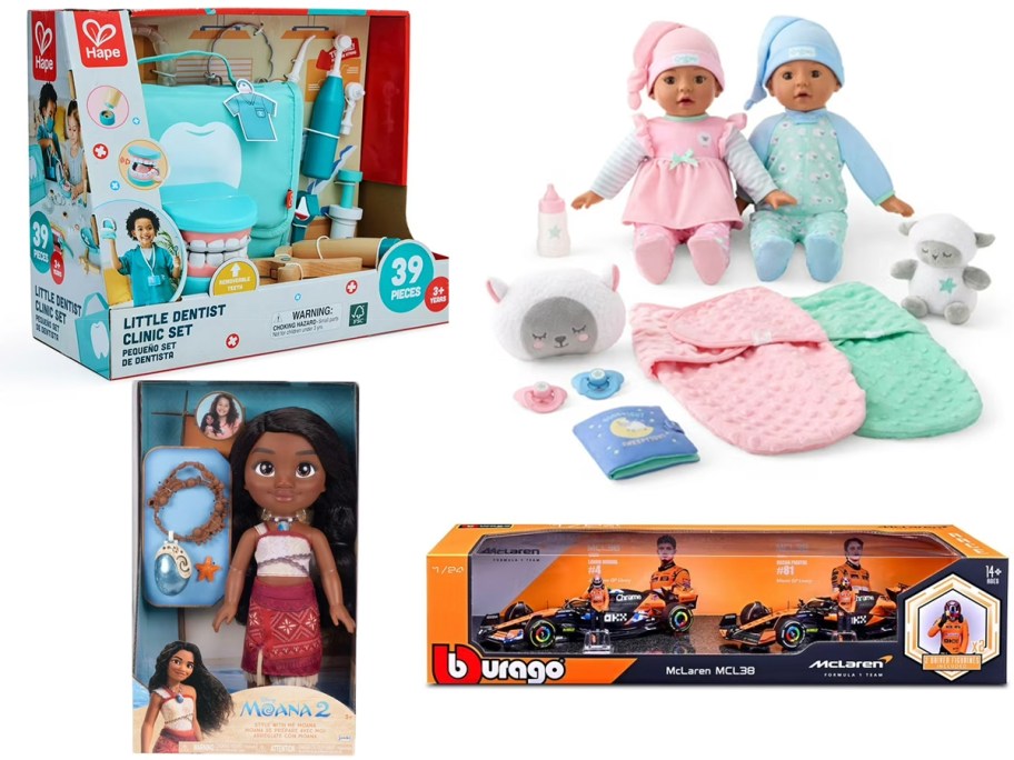 doctor set, dolls, moana doll, and car toys
