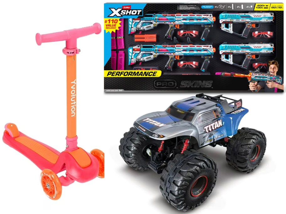 orange and pink scooter, xshot blasters and monster truck toy