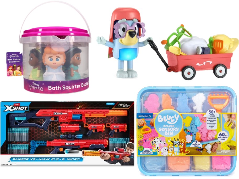 disney princess figures bucket, bluey figure, xshot blasters, and bluey activity set