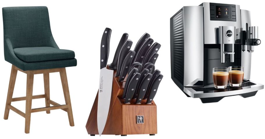 chair, knives, and espresso machine