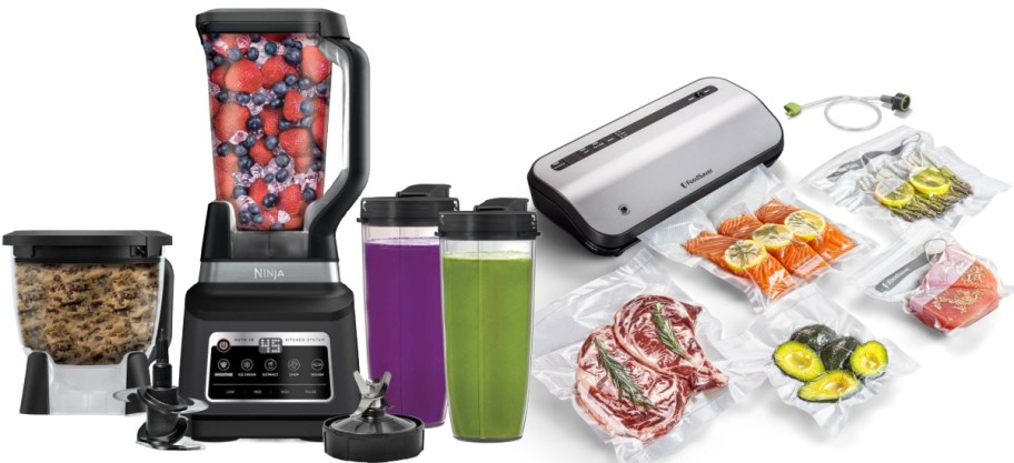 A Ninja blender set and a food saver vacuum sealer set.