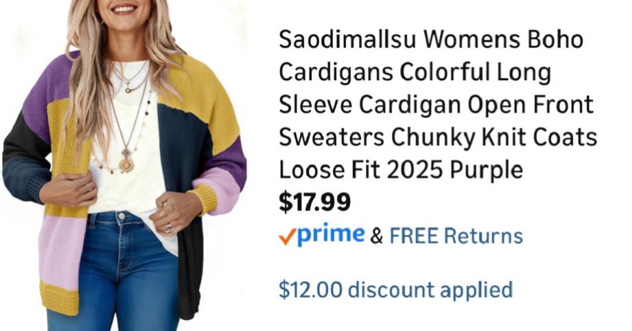 woman wearing colorful cardigan next to Amazon pricing information
