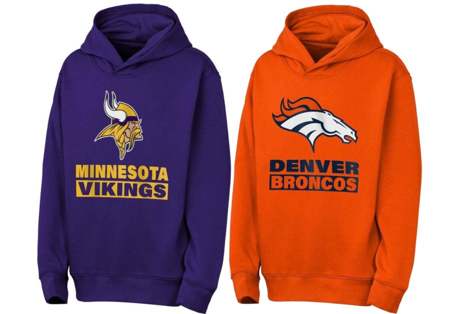 A purple team hoodie and an orange team hoodie.