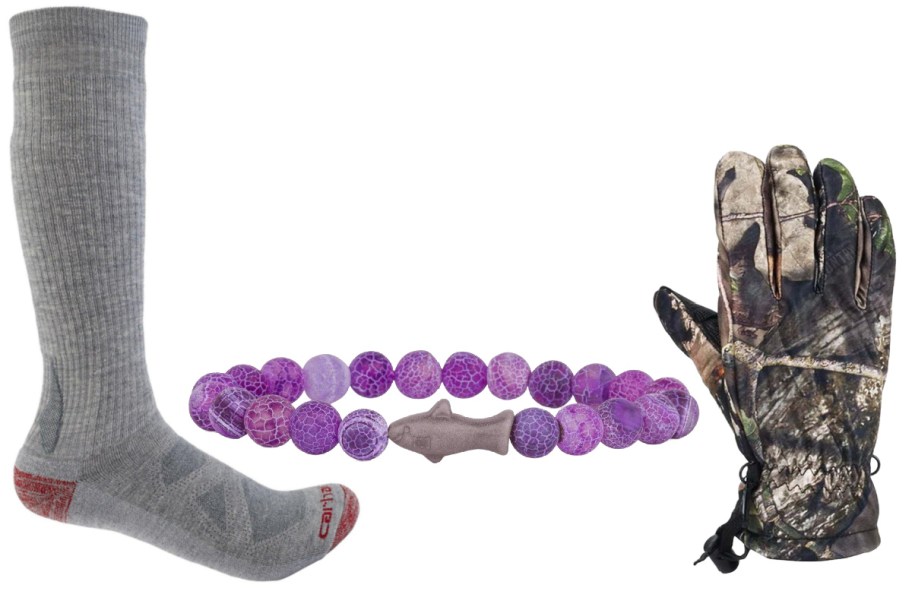 A pair of wool socks, a purple bracelet and a glove.